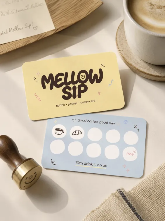 Restaurant/cafe brand case featuring a stamp coupon and business card