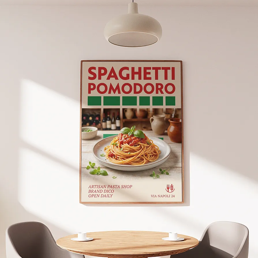 AI-generated store poster for a cozy spaghetti restaurant